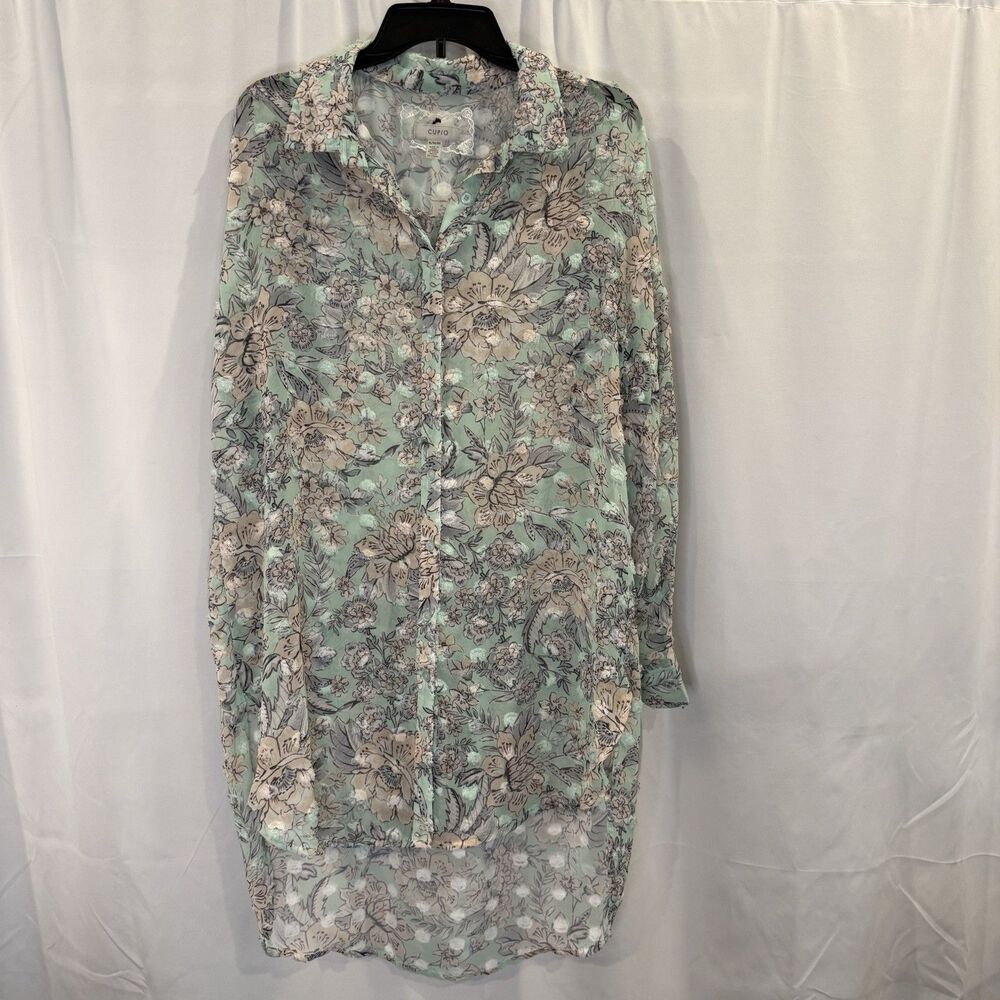 Cupio Women's X Large Green 3D Floral Button Up Boho Peasant Flowy Sheer Artsy‎